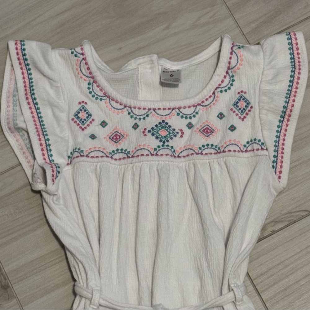 Girl's Carter's White Embroidered Short Sleeve Dress with Waist Tie Size 6 - Picture 4 of 8